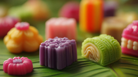 A stunning display of colorful Asian desserts arranged on green leaves, showcasing unique shapes and textures that highlight the vibrancy of traditional culinary delights.の素材