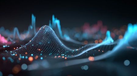 Explore a captivating digital landscape featuring abstract 3D wireframe waves illuminated by colorful lights, representing technology and data visualization themes.の素材