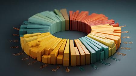This vibrant 3D bar chart showcases data distribution in a circular format against a dark background, ideal for analytics presentations or reports.の素材