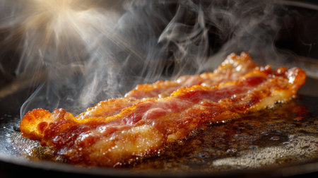 A perfectly cooked piece of crispy bacon sizzles in a frying pan, releasing steam and rich scents, embodying indulgent breakfast moments and savory flavors.の素材