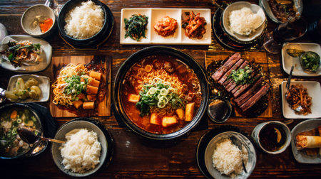 A beautifully arranged table featuring an array of Asian dishes, including rice, savory entrees, and vibrant vegetables, offering a delightful culinary experience.の素材
