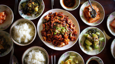 Experience a vibrant spread of Korean cuisine featuring grilled octopus, fluffy rice, assorted side dishes, and kimchi arranged beautifully on a wooden table.の素材