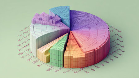 This image features a colorful 3D pie chart that effectively visualizes data analysis and representation, making it ideal for business and academic presentations.の素材