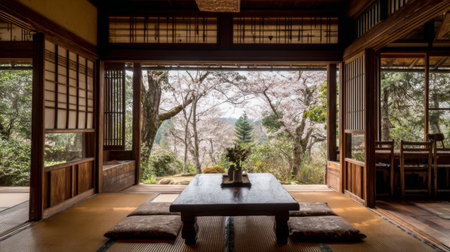 A serene Japanese tea room features a traditional wooden table surrounded by cushions, with breathtaking views of cherry blossom trees and a peaceful garden.の素材
