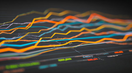 Vibrant line graphs illustrate financial trends and market analysis on a dark background, highlighting dynamic data visualization in a professional context for business insights.の素材