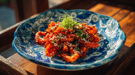 A vibrant plate of spicy Korean fried chicken, beautifully garnished with sesame seeds and fresh herbs, captures the essence of culinary art and flavor.の素材