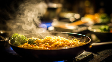 A close-up shot of stir-fried noodles in a frying pan, featuring fresh vegetables and steam rising, creating an inviting culinary atmosphere in a modern kitchen.の素材