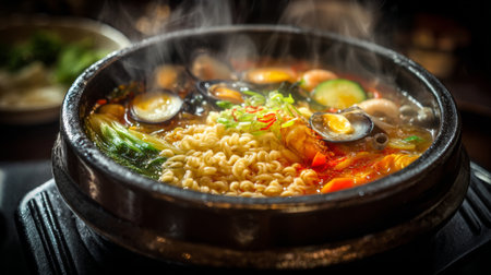 This captivating image features a bowl of spicy ramen filled with fresh seafood and vibrant vegetables, steaming in a traditional stone pot, delivering comfort and flavor.の素材