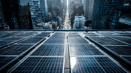 A stunning view of solar panels installed on a rooftop in a bustling city. Bright sunlight reflects off the panels, showcasing modern technology and sustainability efforts.の素材