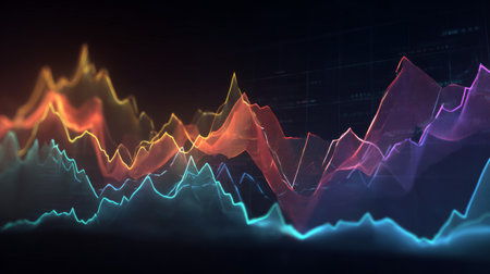 Vivid abstract visualization depicting stock market trends with colorful fluid waves, symbolizing growth and dynamic movements in finance and investment.の素材