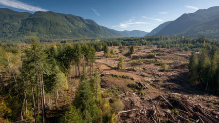 A picturesque view of a clear cut forest area reveals stumps and fallen trees in a mountainous landscape under a vibrant blue sky during late afternoon light.の素材