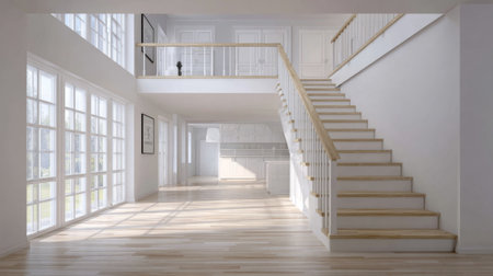 This bright and airy modern home interior showcases a spacious layout with large windows, a stylish staircase, and warm neutral tones, perfect for inviting natural light.の素材