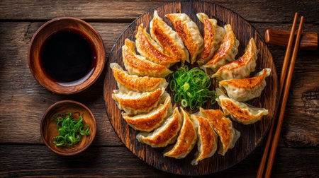 A stunning display of golden brown dumplings arranged on a rustic wooden plate, accompanied by soy sauce and fresh scallions, perfect for any dining occasion.の素材