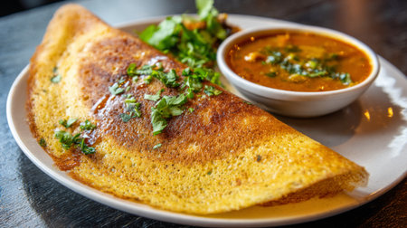 A delicious golden brown dosa garnished with fresh coriander, served with a bowl of sambar. Ideal for showcasing Indian culinary delights and flavors.の素材