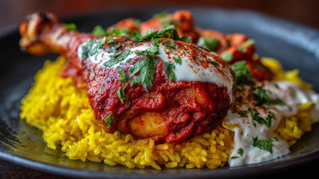 A mouth-watering plate featuring a spiced chicken drumstick on a bed of yellow rice, complemented by creamy yogurt sauce and garnished with fresh herbs for an enticing dish.の素材
