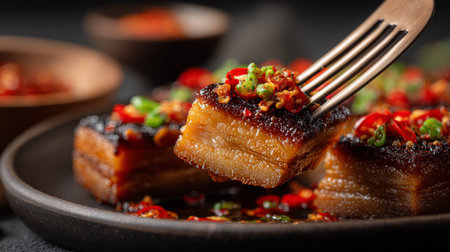 Close-up view of beautifully seared pork belly, topped with spicy garnish and vibrant herbs, showcasing a mouthwatering dish perfect for culinary enthusiasts.の素材