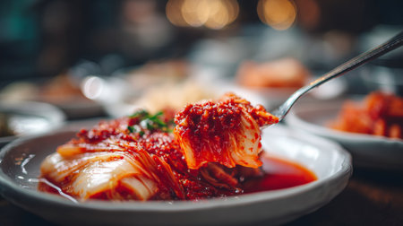 A captivating close-up of traditional kimchi featuring vibrant red sauce and fresh herbs, showcasing the unique flavors and textures of Korean culinary heritage.の素材