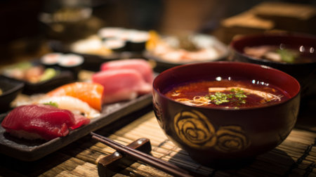 A stunning display of traditional Japanese cuisine featuring a vibrant sushi selection alongside a warm bowl of ramen, showcasing fresh ingredients and inviting presentation.の素材