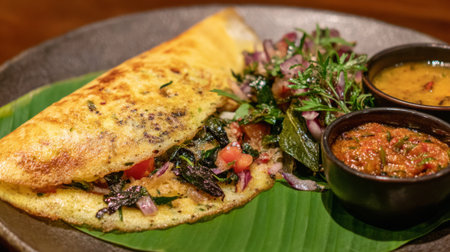 Savor the taste of a traditional South Indian dosa, beautifully arranged with spicy sambar and fresh chutneys, creating a delightful culinary experience.の素材