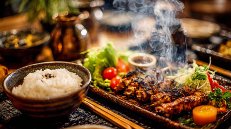 A beautifully arranged plate of grilled meat, accompanied by steamed white rice, fresh vegetables, and savory sauces, exudes a smoky aroma in a warm restaurant setting.の素材