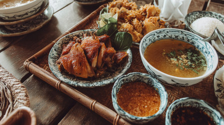 Discover the rich flavors of Asian cuisine with this beautifully arranged wooden tray featuring crispy chicken, vibrant dipping sauces, and comforting rice soup.の素材