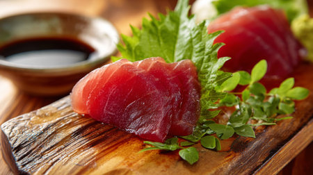 This image features beautifully sliced sushi tuna on a rustic wooden board, garnished with fresh green leaves and dipping sauce, ideal for food presentations.の素材