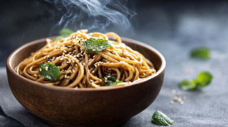 Delight in this gourmet Asian pasta dish, elegantly presented in a wooden bowl and garnished with mint leaves and sesame seeds, evoking warmth and comfort.の素材