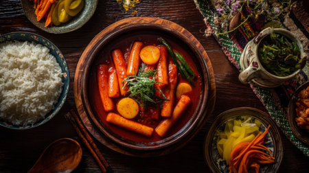 Enjoy a vibrant composition of a traditional Korean stew featuring carrots, potatoes, and green peppers, paired with rice and colorful side dishes, perfect for sharing.の素材