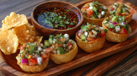 A beautiful arrangement of crispy golgappa cups filled with spicy vegetables, served with a tangy dipping sauce, perfect for any food lover.の素材