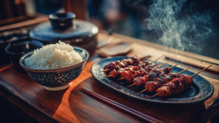 Experience the delightful combination of grilled skewers and fluffy rice, beautifully presented on a wooden table, perfect for sharing and savoring flavors.の素材