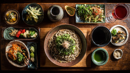 A visually stunning arrangement of gourmet Japanese cuisine featuring soba noodles, tempura, and fresh vegetables, ideal for food lovers and culinary enthusiasts.の素材