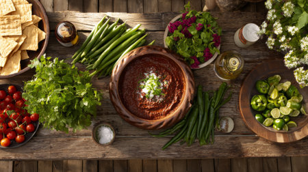 A rustic wooden table is adorned with a vibrant spread of fresh ingredients, including vegetables, herbs, and a flavorful dip, perfect for gatherings and culinary adventures.の素材