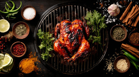 This captivating image features a perfectly grilled chicken surrounded by fresh herbs and spices on a rustic wooden table, celebrating vibrant culinary artistry.の素材