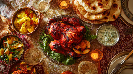 Indulge in a visual feast showcasing a stunning display of traditional cuisine, featuring perfectly grilled chicken, vibrant vegetables, fragrant rice, and warm bread.の素材