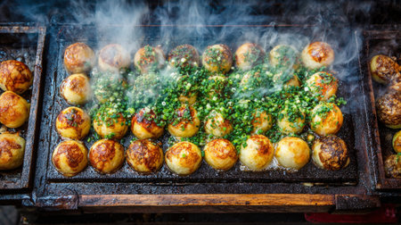 This image showcases a delectable array of grilled savory snacks, garnished with fresh green onions, releasing enticing steam in a bustling food market.の素材