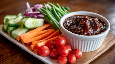 A vibrant vegetable platter featuring fresh carrots, cucumbers, cherry tomatoes, and a flavorful sauce, perfect for healthy snacking or entertaining guests.の素材
