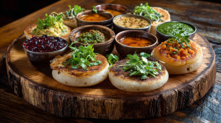A beautifully arranged platter of arepas and various dips highlighting rich flavors and fresh ingredients, perfect for culinary presentations or appetizing gatherings.の素材