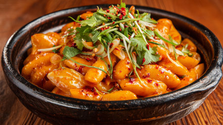 A vibrant dish featuring yellow noodles tossed with fresh herbs and spices, served hot in a rustic bowl, perfect for showcasing enticing Asian flavors.の素材