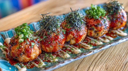 Experience the delightful presentation of Japanese takoyaki balls, topped with nori and green onion. Perfect for food lovers and culinary enthusiasts alike.の素材