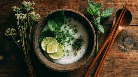 Discover a rustic culinary setup featuring fresh herbs, lime, and creamy texture in a wooden bowl, perfect for showcasing vibrant cooking and healthy meals.の素材