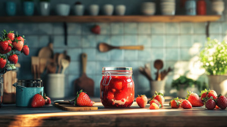 A captivating still life of fresh strawberries in a glass jar on a rustic kitchen table. The vibrant colors and warm sunlight create a cozy atmosphere perfect for showcasing delicious homemade preserves.の素材