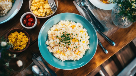 A vibrant plate of fluffy rice garnished with herbs, accompanied by yellow side dishes and fresh tomatoes. Perfect for culinary gatherings!の素材
