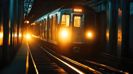 A subway train approaches an underground station at night, illuminated by vibrant lights. The scene captures the essence of urban transportation and city nightlife.の素材