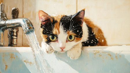 A playful cat curiously interacts with water from a faucet, creating a fun and vibrant scene. The adorable pet showcases its playful nature in a bright and inviting bathroom setting.の素材