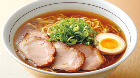 A vibrant bowl of ramen featuring tender meat, a soft-boiled egg, and fresh green onions. Perfect for a cozy meal any time of the day.の素材