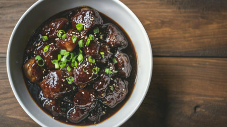 A mouthwatering bowl of glazed chicken garnished with fresh green onions, sitting on a rustic wooden table, perfect for any dining occasion.の素材