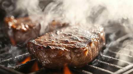 A delicious piece of grilled steak sizzling on a barbecue, surrounded by smoke and flames. Perfect for food lovers and culinary enthusiasts.の素材