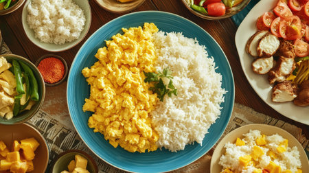 A vibrant platter showcasing fluffy scrambled eggs and fluffy white rice, surrounded by fresh vegetables and additional dishes for a wholesome meal.の素材