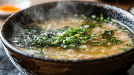 A steaming bowl of fresh soup garnished with green herbs offers a nourishing and comforting meal, perfect for any dining occasion.の素材