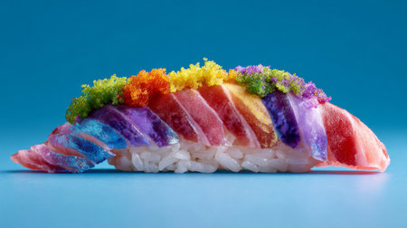 This vibrant sushi showcases colorful layers of fish, topped with decorative caviar, set against a bright blue background, perfect for food photography.の素材